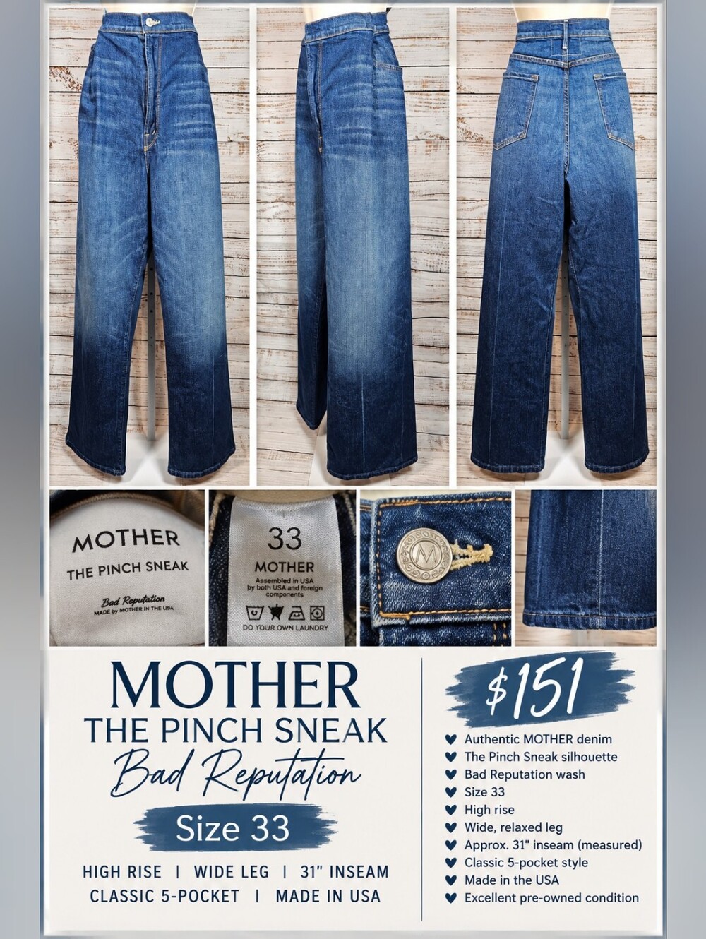 MOTHER The Pinch Sneak High Rise Wide Leg Jeans 33 Bad Reputation